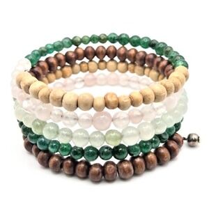 Handmade Semi-Precious Stones and Wood Beaded Memory Wire Bracelet‎ 5 Layers